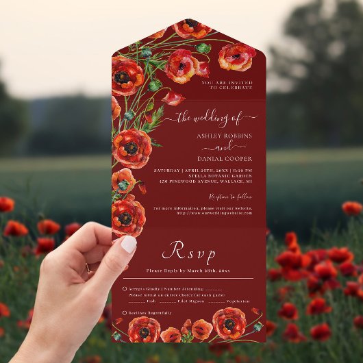 Elegant Burgundy Red Floral Wedding All In One Uitnodiging