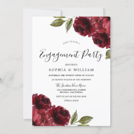 Elegant Burgundy Red Flowers Engagement Party Kaart