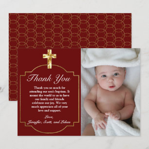 Elegant Burgundy Red Gold Cross Baptisme Bedankkaart