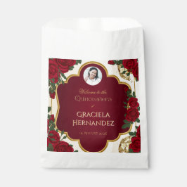 Elegant Burgundy Red & Gold Rose Quinceañera  Bedankzakje