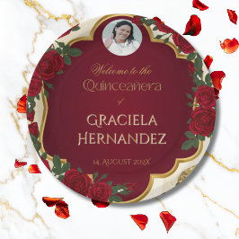 Elegant Burgundy Red & Gold Rose Quinceañera  Papieren Bordje
