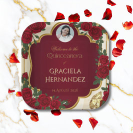 Elegant Burgundy Red & Gold Rose Quinceañera  Papieren Bordje