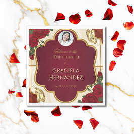 Elegant Burgundy Red & Gold Rose Quinceañera  Servet