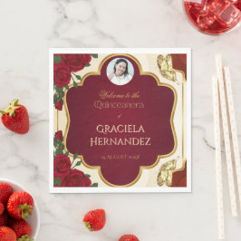 Elegant Burgundy Red & Gold Rose Quinceañera  Servet