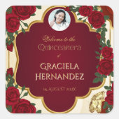 Elegant Burgundy Red & Gold Rose Quinceañera  Vierkante Sticker (Voorkant)
