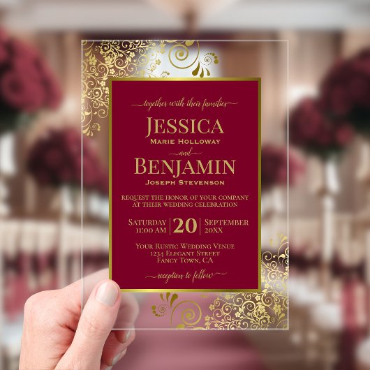 Elegant Burgundy Red & Gold Stylish Text Wedding Acryl Uitnodigingen