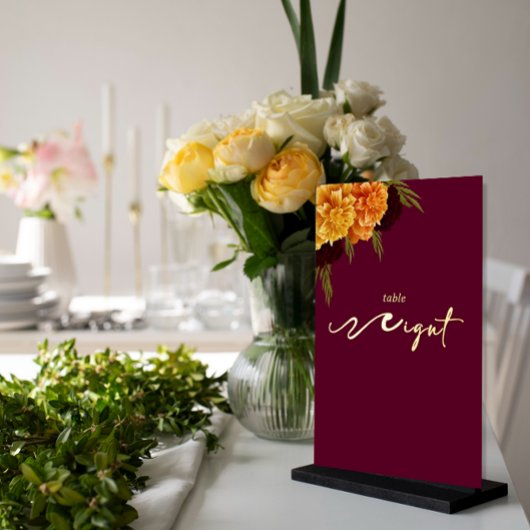 Elegant Burgundy Red "MARIGOLD" Table Number Folie Feestdagenkaart