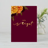 Elegant Burgundy Red "MARIGOLD" Table Number Folie Feestdagenkaart (Staand Voorkant)