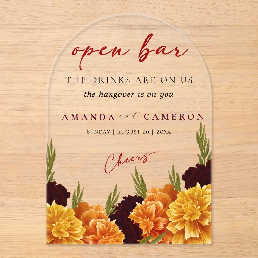 Elegant Burgundy Red "MARIGOLD" Wedding Open Bar Acryl Uitnodigingen (Voorkant)
