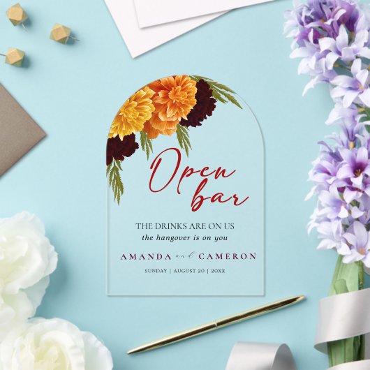 Elegant Burgundy Red  "MARIGOLD" Wedding Open Bar Acryl Uitnodigingen (Insitu (Huwelijk))