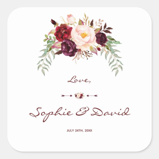 Elegant Burgundy Red Marsala Floral Wedding Vierkante Sticker (Voorkant)