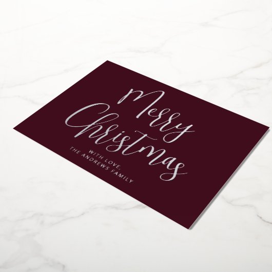 Elegant Burgundy Red Merry Kerstzilver Folie Feestdagenkaart (Gedraaid)