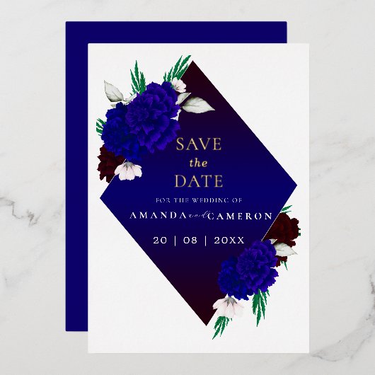 Elegant Burgundy Red Navy Blue "MARIGOLD" Wedding Folie Uitnodiging (Voorkant / Achterkant)