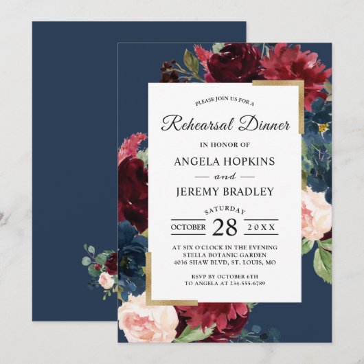 Elegant Burgundy Red Navy Blue Rehearsal Dinner Kaart (Voorkant / Achterkant)