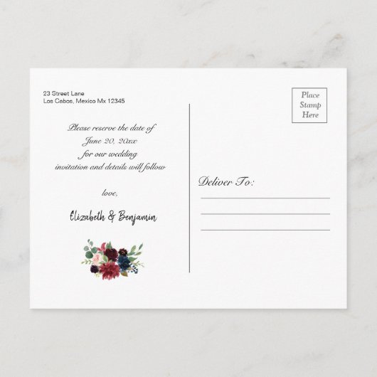 Elegant Burgundy Red Navy Floral redt de datum Briefkaart (Achterkant)