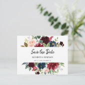 Elegant Burgundy Red Navy Floral redt de datum Briefkaart (Staand voorkant)