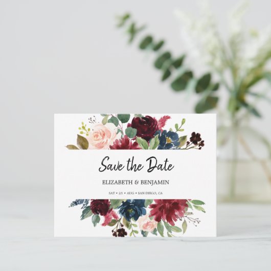 Elegant Burgundy Red Navy Floral redt de datum Briefkaart (Staand voorkant)