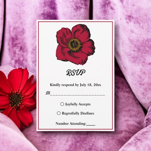 Elegant burgundy red roos romantic floral Wedding RSVP Kaartje