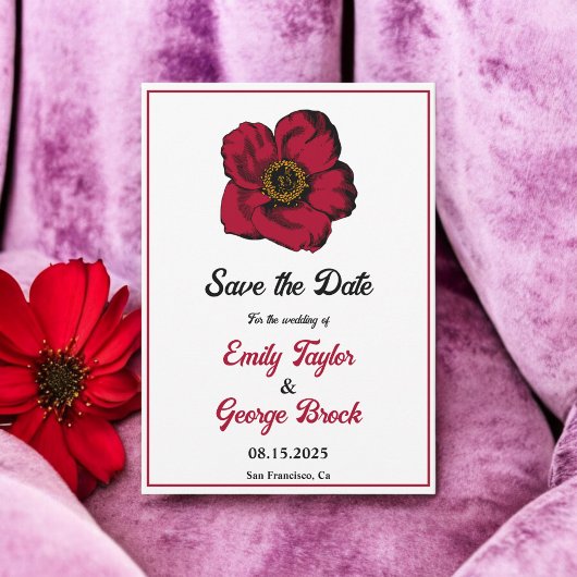 Elegant burgundy red roos romantic floral Wedding Save The Date