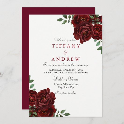Elegant Burgundy Red Rose Modern Wedding Invite Kaart (Voorkant / Achterkant)
