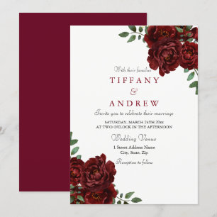 Elegant Burgundy Red Rose Modern Wedding Invite Kaart