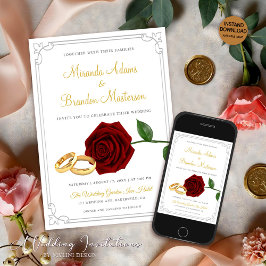 Elegant Burgundy Red Roses en Rings Wedding Kaart