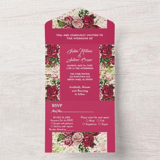 Elegant Burgundy Red Rustic Rozen Land Weddenschap All In One Uitnodiging (Binnen)