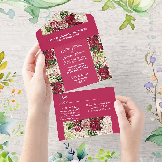 Elegant Burgundy Red Rustic Rozen Land Weddenschap All In One Uitnodiging