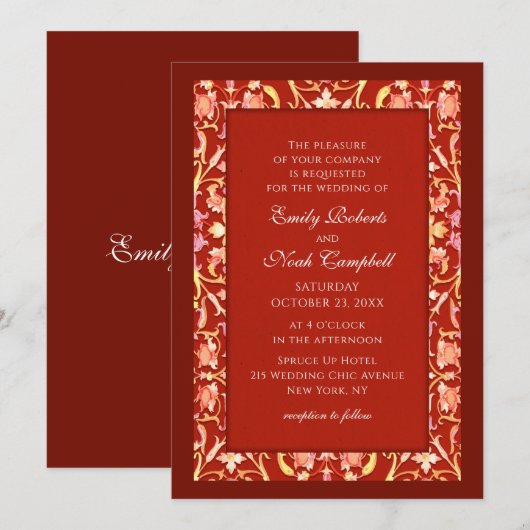 Elegant Burgundy Red Stylish Floral Wedding Kaart (Voorkant / Achterkant)