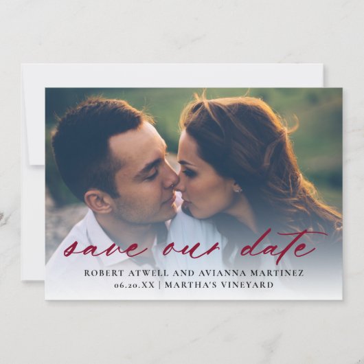 Elegant Burgundy Red Text Foto Weddenschap Save The Date (Voorkant)