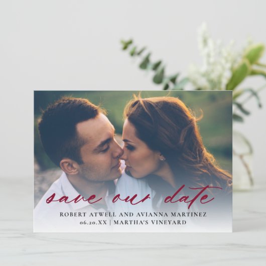 Elegant Burgundy Red Text Foto Weddenschap Save The Date (Staand voorkant)