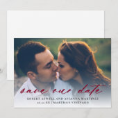 Elegant Burgundy Red Text Foto Weddenschap Save The Date (Voorkant / Achterkant)