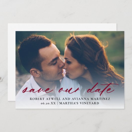 Elegant Burgundy Red Text Foto Weddenschap Save The Date (Voorkant / Achterkant)