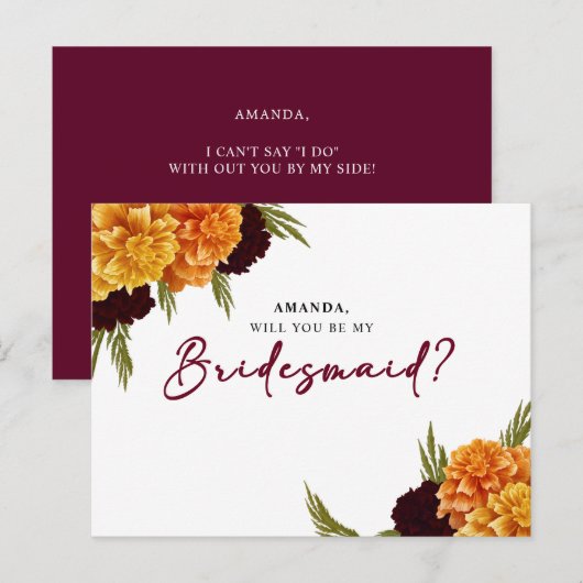 Elegant Burgundy Red Watercolor MARIGOL Bridesmaid Briefkaart (Voorkant / Achterkant)