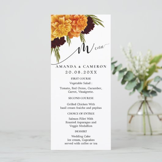 Elegant Burgundy Red Watercolor "MARIGOLD" Wedding Menu (Staand voorkant)