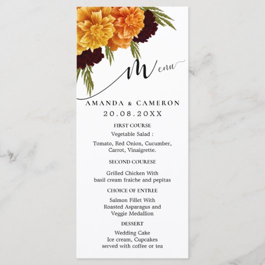 Elegant Burgundy Red Watercolor "MARIGOLD" Wedding Menu (Voorkant)