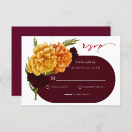 Elegant Burgundy Red Watercolor MARIGOLD Wedding  RSVP Kaartje