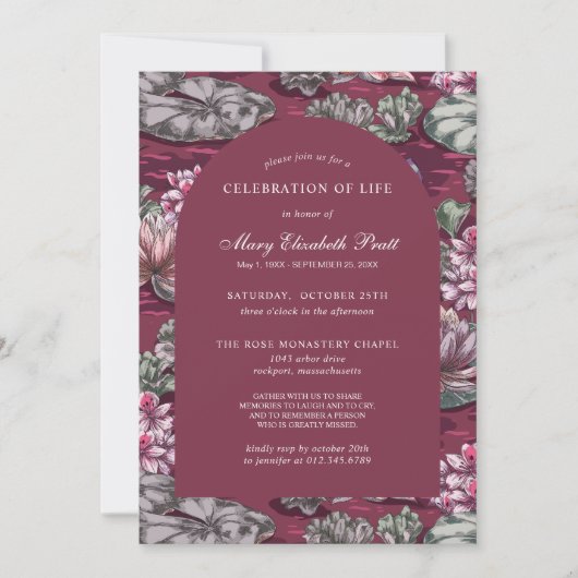 Elegant Burgundy Red Waterlily Funeral Invitation Kaart (Voorkant)