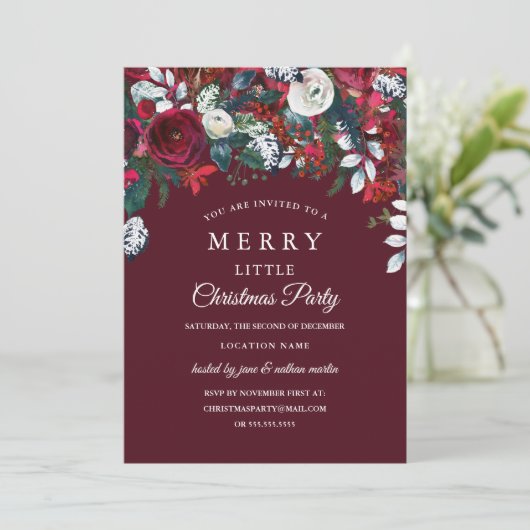 Elegant Burgundy Red White Floral kerstparty Kaart (Staand voorkant)