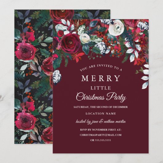 Elegant Burgundy Red White Floral kerstparty Kaart (Voorkant / Achterkant)