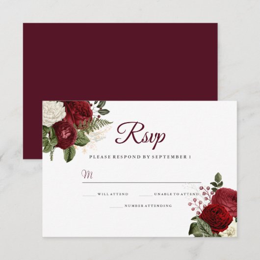 Elegant Burgundy Red White Floral Weddenschap RSVP (Voorkant / Achterkant)