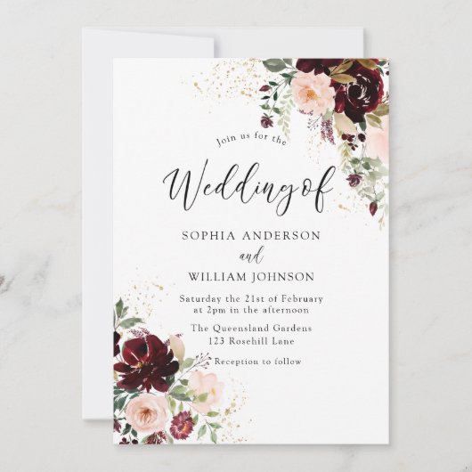 Elegant Burgundy Red Wine & Blush Floral Wedding Kaart (Voorkant)