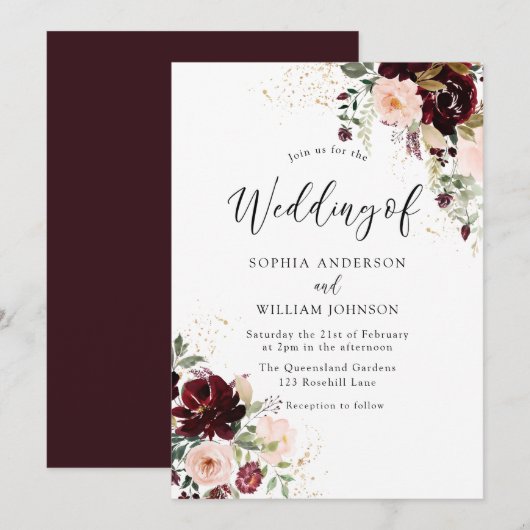 Elegant Burgundy Red Wine & Blush Floral Wedding Kaart (Voorkant / Achterkant)