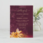 Elegant Burgundy Red Yellow Sunflower bruiloft Kaart (Staand voorkant)