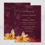 Elegant Burgundy Red Yellow Sunflower bruiloft Kaart (Voorkant / Achterkant)