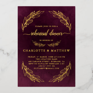 Elegant Burgundy Rehearsal Dinner Gold Folie Uitnodiging