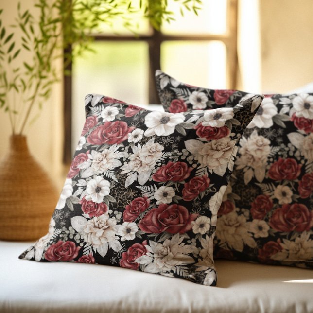 Elegant Burgundy Roos Black Floral Pattern Kussen (Creator heeft geüpload)