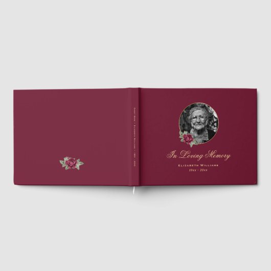 Elegant Burgundy Roos Gold Floral Funeral Foto Gastenboek (Volledig)