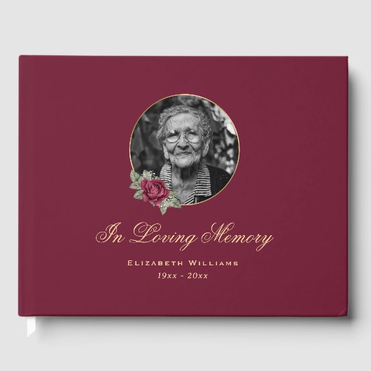 Elegant Burgundy Roos Gold Floral Funeral Foto Gastenboek (Voorkant)
