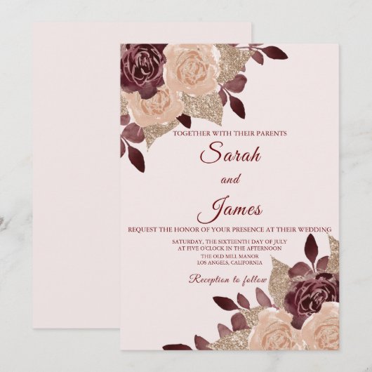 Elegant Burgundy Roos Gold Glitter Floral Wedding Kaart (Voorkant / Achterkant)